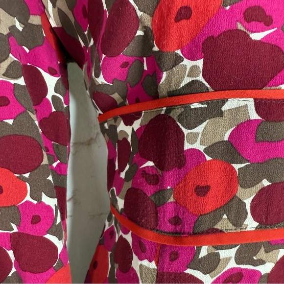 VTG BODEN Mod Floral Print Reds Oranges Tan Faux Wrap 3/4” Sleeve Dress Size 10L - Picture 8 of 15